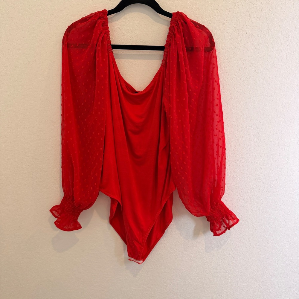 Zeagoo Red Swiss Dot Puff Sleeve Bodysuit Square Neck Smocked Cuffs XL